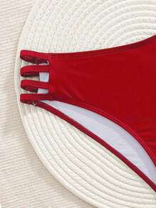 SHEIN Swim 女士夏季纯色泳装短裤，适合休闲度假、派对、海滩 - 紅色 - 查看 5