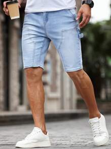 Manfinity Homme 男士纯色口袋设计休闲百搭时尚牛仔短裤 - 淺色水洗藍 - 查看 4