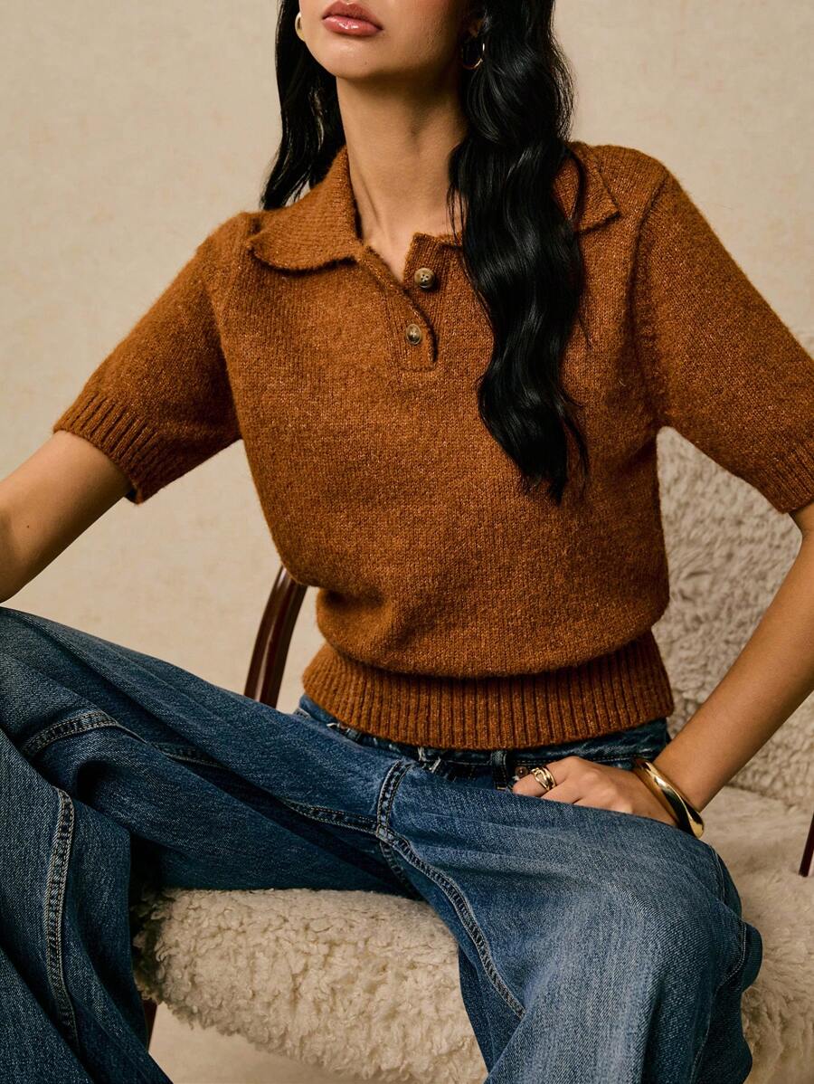 Poéselle 柔软针织 Polo 衫上衣 - 女式短袖纽扣套头衫、女式针织 Polo 衫、纽扣针织 Polo 衫、柔软针织上衣、翻领针织衫、学院风毛衣上衣、秋季针织时尚、棕色针织上衣、女式针织上衣