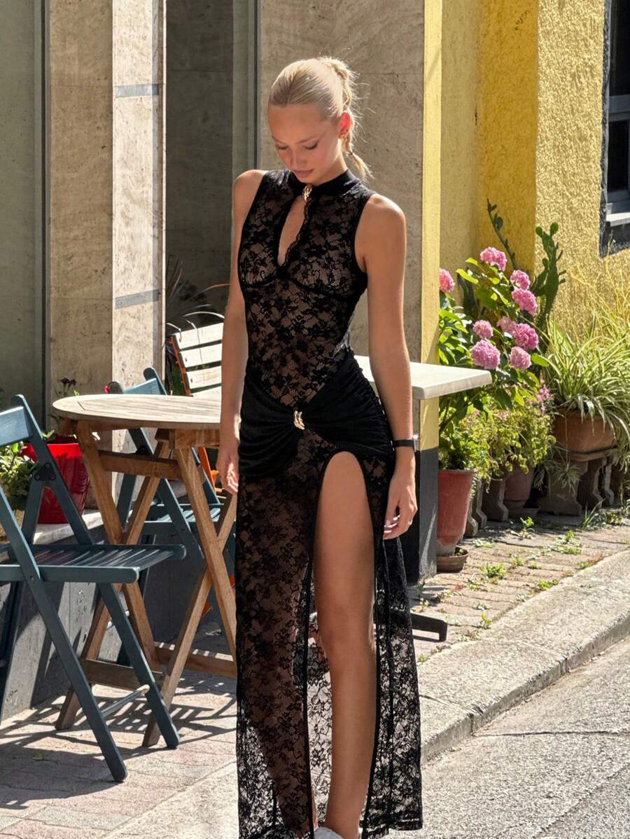 SHEIN ICON 女士透明蕾丝性感优雅黑色无袖高开叉连衣裙 - 黑色 - 查看 1