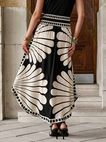 Solivie 黑色杏色度假花卉印花松紧腰不对称下摆修身女裙，适合度假、休闲、夏季 - 黑色 - 查看 3