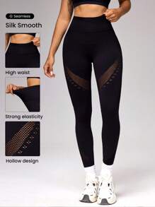 SHEIN Sports 无缝纯色高腰提臀运动紧身裤 - 黑色 - 查看 1