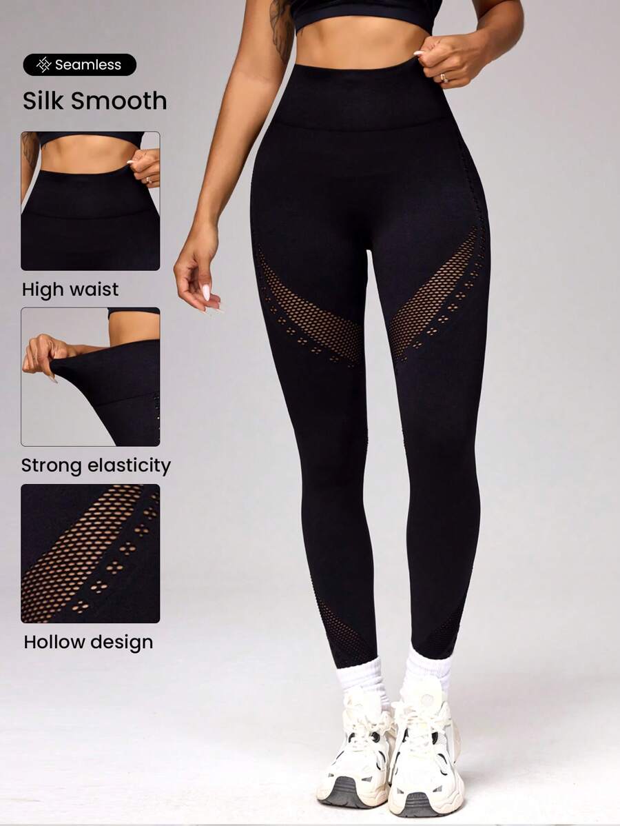 SHEIN Sports 无缝纯色高腰提臀运动紧身裤 - 黑色 - 查看 1