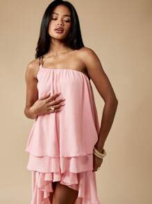 MISSGUIDED Asymmetric High Low Chiffon Maxi Dress One Shoulder Ruffled Layer Party Bridesmaid Prom Gown Greek Style Flowy Wedding Guest Summer Spring - Pink - View 5