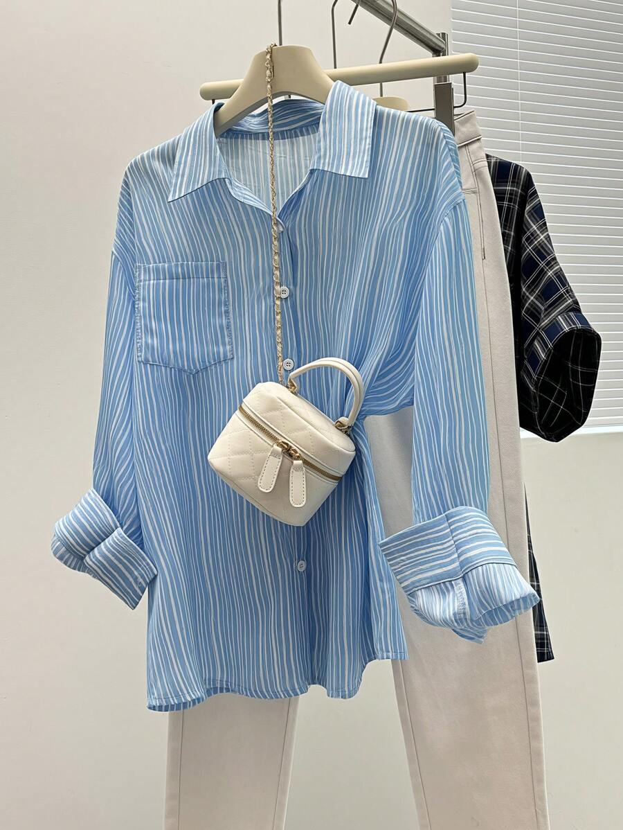 INAWLY Camisa de manga larga con bolsillo frontal, estampado de rayas y botones, de estilo casual