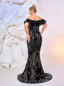 Glamrae Plus Size Elegant Romantic Black Off-Shoulder Organza Ruffle Splice Luxury Sequins Mermaid Hem Dress, Suitable For Party, Ceremony, Awards Show, Gala Events, Formal Evening Gown - Black - View 3