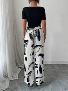 Rafferiza 时尚休闲撞色条纹拼接系带短袖女式连体裤 - 彩色 - 查看 2