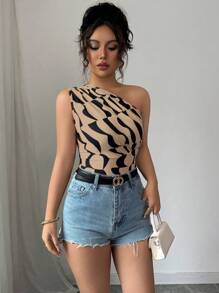 Selianne Summer New Arrival Women Top With Sexy Asymmetrical Neck, Ruffle & Asymmetrical Geometric Print - Khaki - View 5