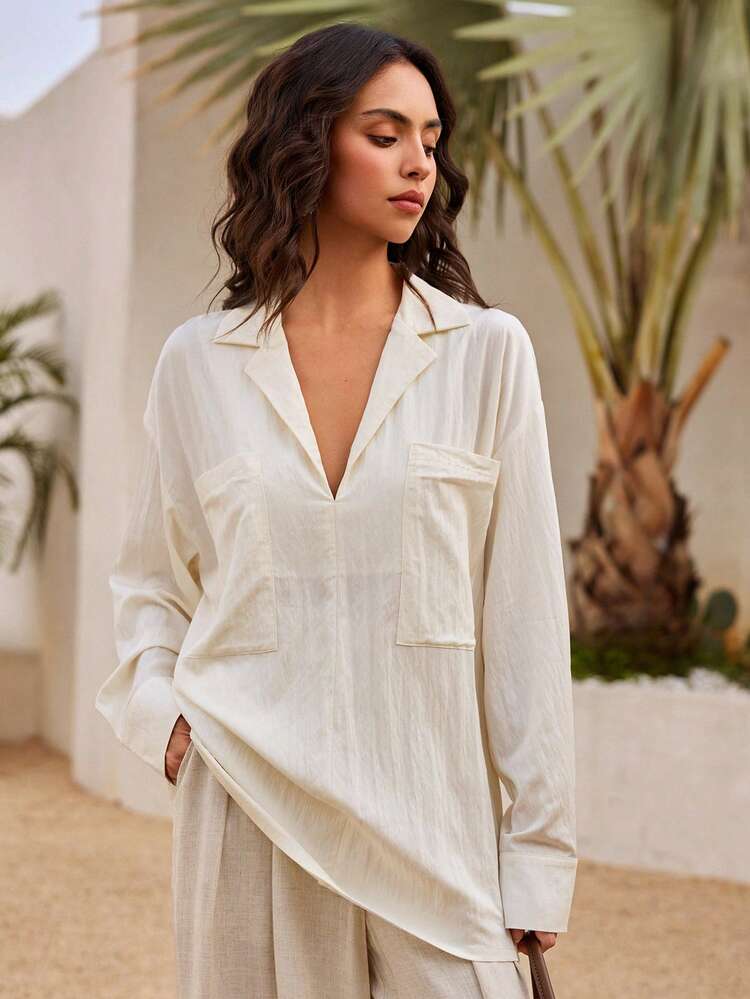Women's Loose Oversized Vintage Coin Design Long Sleeve Shirt With Pockets, Spring/Summer