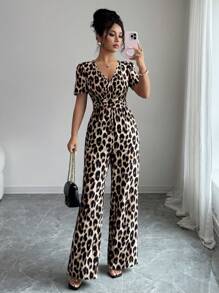 Elenzga Ladies' Elegant Vacation And Casual Summer Leopard Print Jumpsuit