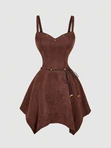 SHEIN MOD 女式铆钉领收腰不对称下摆围巾配饰腰带绒面革波西米亚吊带裙 - 棕色 - 查看 1