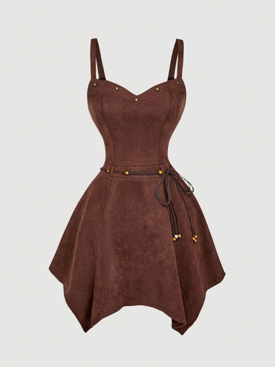 SHEIN MOD 女式铆钉领收腰不对称下摆围巾配饰腰带绒面革波西米亚吊带裙 - 棕色 - 查看 1