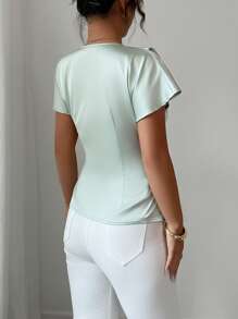 SHEIN Clasi Women's Solid Color Short Sleeve V-Neck Front Pleated Elegant Blouse, For Summer - Green - View 2