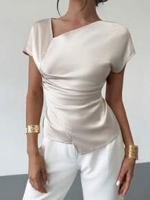 Firerie 新款香槟色缎面褶皱修身优雅衬衫，真丝质感上衣/适合工作和休闲穿着/夏装/可爱的夏季上衣/节日服装/女士教师装/女士夏装/办公室商务装 - 杏色 - 查看 6