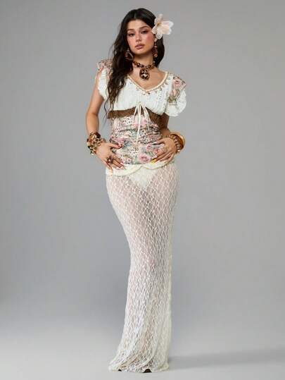 Hippie Camiseta de mujer con mangas asimétricas, estampado de parche de leopardo y floral con estilo Y2K