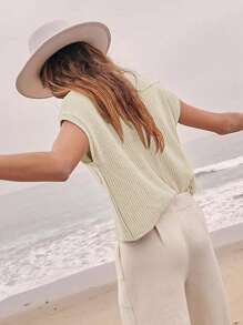 Calvaya Women's Solid Color Short Sleeve Knitted Top With Stand Collar For Leisure And Vacation - Apricot - View 2