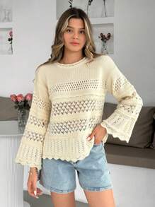 EURMUSE Pulover croșetat pentru femei, culoare uni, cu decupaj, guler rotund și mânecă scurtă, jumper, jumper crem, pulovere, jumper negru, pulover pentru femei, jumper alb, pulover pentru femei, pulovere pentru femei, haine de iarnă - Bej - Vizualizare 7
