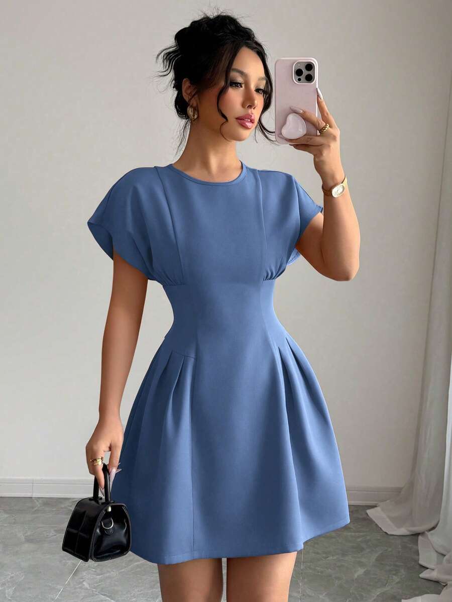 Elenzga Đầm mini cổ tròn tay ngắn thanh lịch màu trơn cho nữ mùa hè - Màu xanh bụi bặm - Xem 1