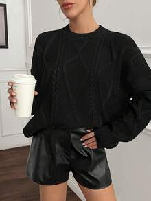 SHEIN Solid Color Twist Knit Crew Neck Casual Versatile Long Sleeve Pullover Sweater Knit Sweater Black Sweater Cable Knit Sweater,Jumper,Cream Jumper,Jumpers For Women,Jumpers,Womens Jumper,White Jumper,Women's Jumper,Women's Jumpers,Winter Clothes