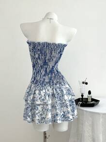 SHEIN Unity 女式双层露肩花卉印花连衣裙，春夏，中国风配色 - 彩色 - 查看 2