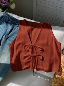 Comfortcana Áo sơ mi không tay buộc dây phía trước màu trơn đơn giản dành cho nữ - màu nâu - Xem 3