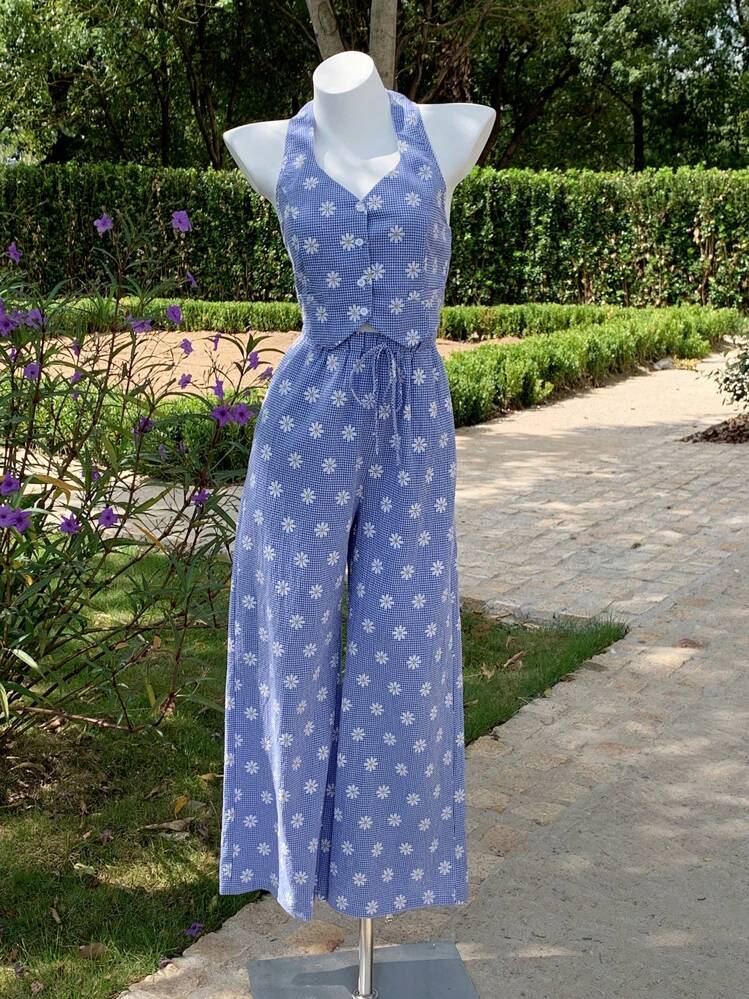 Comfortcana 2pcs/Set Plus Size Women Plaid Floral Print Halter Top And Pants,Holiday Outfits Boho - Blue - View 3