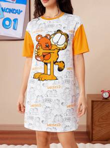 GARFIELD | SHEIN 女士可爱卡通印花撞色短袖宽松睡衣连衣裙，夏季，哞哞睡裙 - 黃色 - 查看 5
