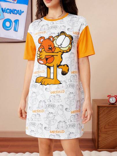GARFIELD | SHEIN Women's Cute Cartoon Print Colorblock Short Sleeve Loose Sleep Dress, Summer