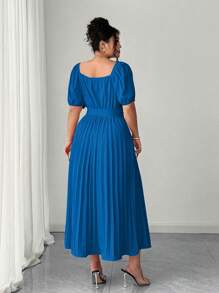 Elenzga Plus Size Solid Color Deep V-Neck Ruched Waist Flared Hem Short Sleeve Dress - Royal Blue - View 2