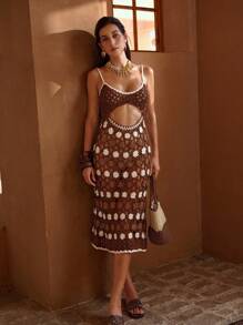 MOTF PREMIUM FLORAL PATTERN CUTOUT TIE BACKLESS CROCHET COVER UP SLIP DRESS FOR SUMMER BEACH VACATION - Multicolor - View 4