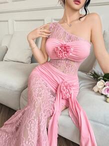 Modelyn Women's 3D Floral Decor See-Through Asymmetrical Neckline Sleeveless Dress,Soft Pink,Summer,Girly,Party Prom Wedding Guest Birthday Curve Dress - Pink - View 4