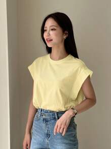 DAZY Camiseta de verano de mujer de unicolor, de cuello redondo y mangas cortas, de uso versátil y casual