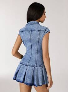 SHEIN ICON 1件纯色拉链褶饰牛仔迷你裙 - 淺色水洗藍 - 查看 2