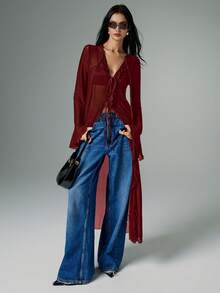 Poéselle Y2K系带网纱长袖喇叭袖口网纱哥特式上衣