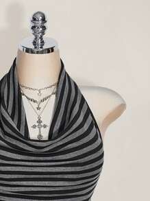 SHEIN ICON 大码垂坠领口条纹针织露背上衣，复古 Y2K 条纹垂坠领口上衣，适合返校季、毕业季、暑假、约会、日常穿着