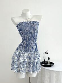 SHEIN Unity 女式双层露肩花卉印花连衣裙，春夏，中国风配色 - 彩色 - 查看 5