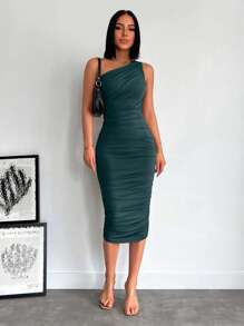 EURMUSE Váy suông dài vừa phải xếp ly không tay màu trơn cho nữ - Màu xanh lá cây đậm - Xem 3