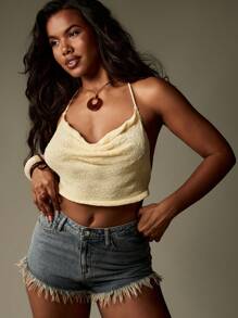 MISSGUIDED 串珠装饰针织挂脖背心夏季节日短款上衣波西米亚风海滩度假围脖领毛衣背心 - 黃色 - 查看 1