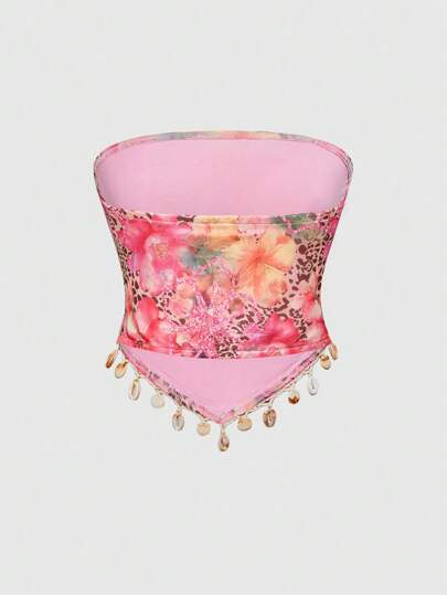 ROMWE Avant Y2K Style Hibiscus Rhinestone Shell Tasseled Sexy Halter Tank Top For Women
