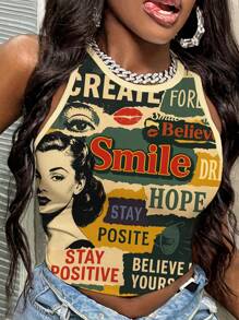Slaydiva 2025 Spring/Summer Casual Retro Poster Graphic Print Tight-Fitting Round Neck Tank Top For Women, Suitable For Plus Size Summer Leisure Streetwear Suitable For Going Out - Multicolor - View 1