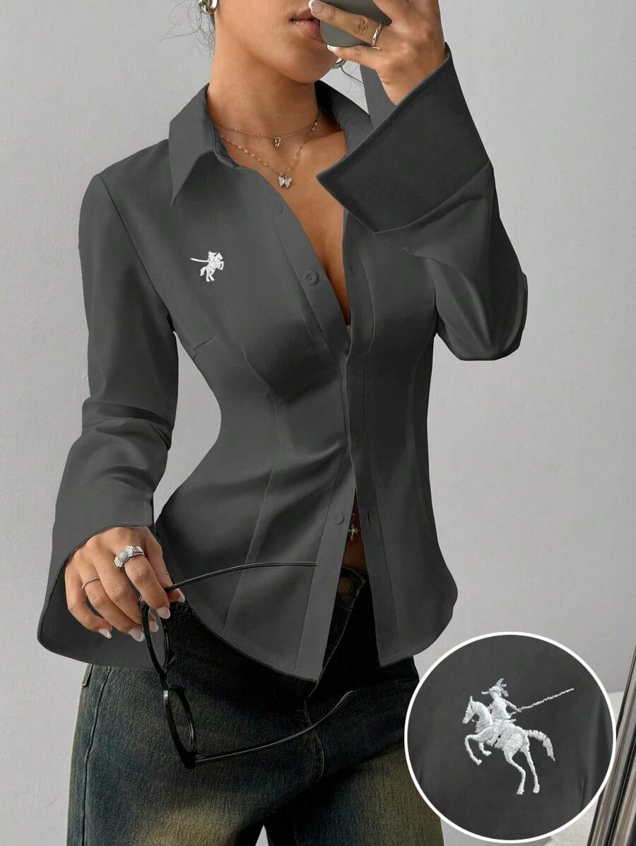 TRNVIE Ladies Embroidered Fitted Shirt, Casual & Office Wear Fall Cloth For Women - Grey - View 1