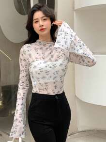 DAZY Floral Print Flounce Sleeve Mesh Top Without Cami Top Going Out Tops Sheer Long Sleeve Women Tops,Fall Women Clothes Turtleneck Women - Multicolor - View 8