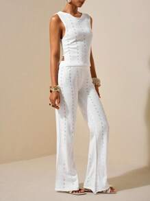 Zivah Nuevo conjunto de 2 piezas de estilo vacacional: top de punto cropped sin mangas con diseño calado y pantalones de pierna ancha de cintura alta en unicolor, estilizante, atuendo todo blanco para fiestas en otoño/invierno - Blanco - Ver 6