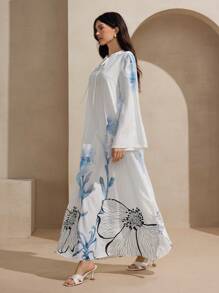 Graceveil Arabic Style Flared Skirt Sleeve Placement Printed Dress, Spring/Summer Modest Dress Women - Blue - View 6