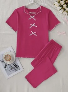 SHEIN 休闲玫红色短袖圆领简约风蝴蝶结装饰荷叶边下摆春夏秋季柔软牛奶丝宽松裤两件套女童装 - 玫紅色 - 查看 3