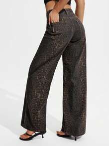 SHEIN PETITE 女式豹纹口袋宽松喇叭腿休闲百搭牛仔裤 - 彩色 - 查看 2