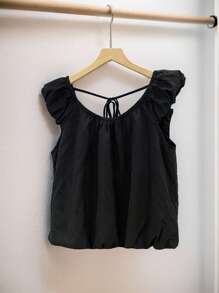 INAWLY Women Round Neck Puff Sleeve Backless Summer Casual Chic Solid Color Black Blouse, Going Out Top - Black - View 1