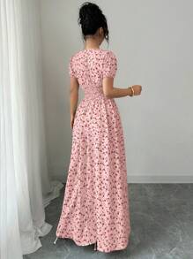 Elenzga Elegant Women's Summer Elegant Elastic Waist Puffed Sleeve Women's Long Dress, Maxi Dress. Dành cho mùa xuân/hè, trang phục hòa nhạc cho nữ, thanh lịch phù hợp để đi làm hàng ngày, lễ hội âm nhạc, trang phục ngày lễ/váy xếp nếp/hoa đồng quê/phong cách đồng quê hoa màu be 03/đồng quê/hoa - Hồng - Xem 2