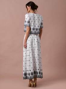 Enchnt Romantisches Set für Frühling/Sommer, weißes Oberteil mit Blumenstickerei-Print zum Binden vorne, Puffärmeln und Midirock für Damen, Urlaubsoutfit, süß und elegant für Geburtstage, Weihnachtsfeiern, süße Verabredungen, das tägliche Pendeln, Urlaub, Abschlussfeiern, Nachmittagstee und Gartenpartys, Sommeroutfits für Damen - Blau-Weiß - Übersicht 7