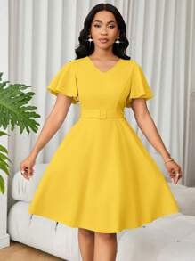 Lunelith SHEIN Lunessa 女式纯色 A 字形 V 领系带短袖连衣裙